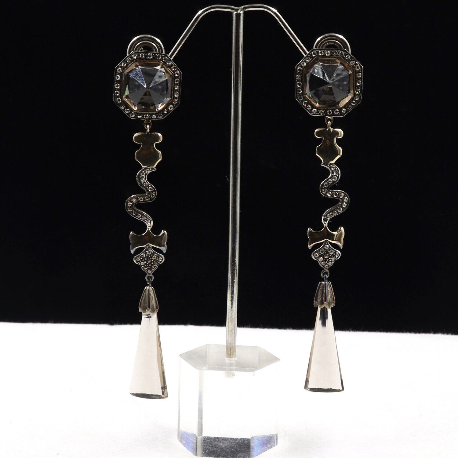 Old Natural Smoky Quartz Cut Gemstone Diamond 18K Gold Silver Victorian Earring
