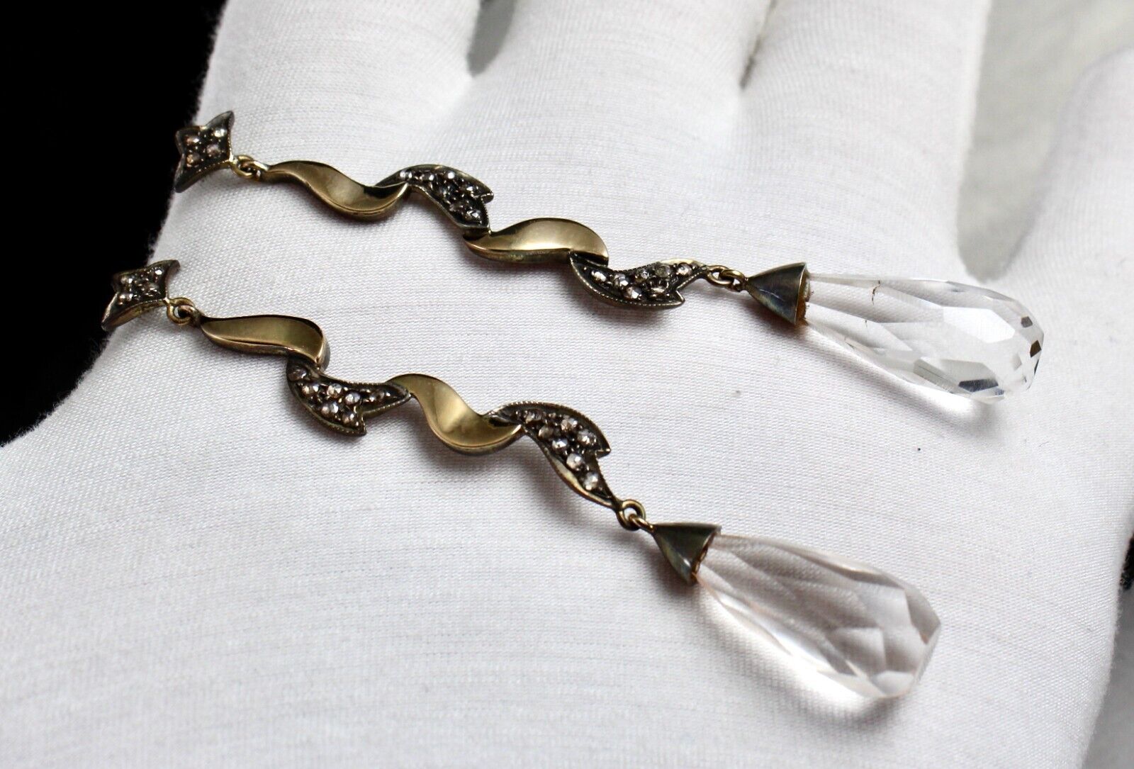 Natural Rock Crystal Quartz Cut Stone Diamond 18K Gold Victorian Silver Earring