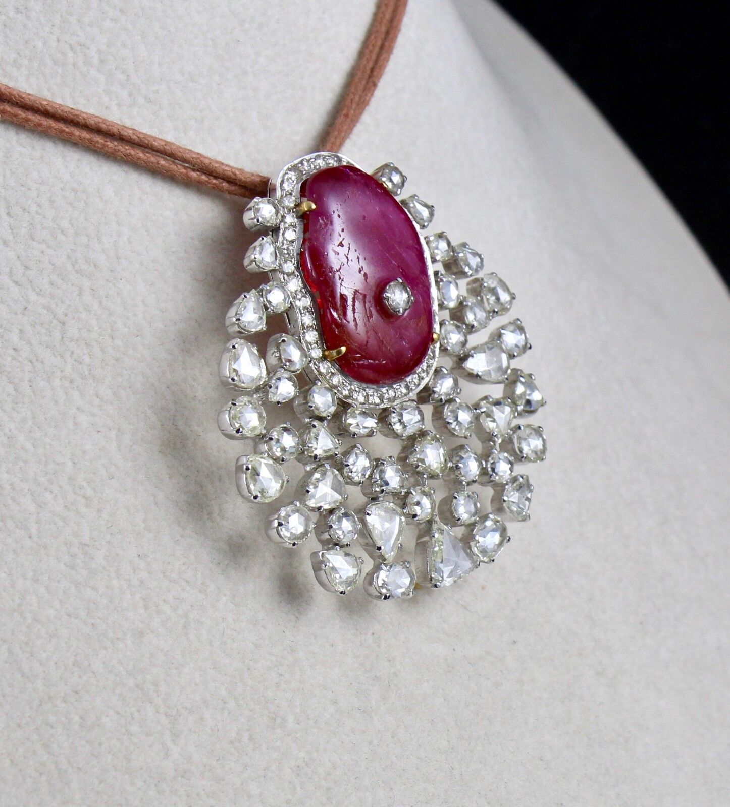 NATURAL NO HEAT BURMA RUBY CABOCHON ROSE CUT DIAMOND 18K GOLD PENDANT BROOCH