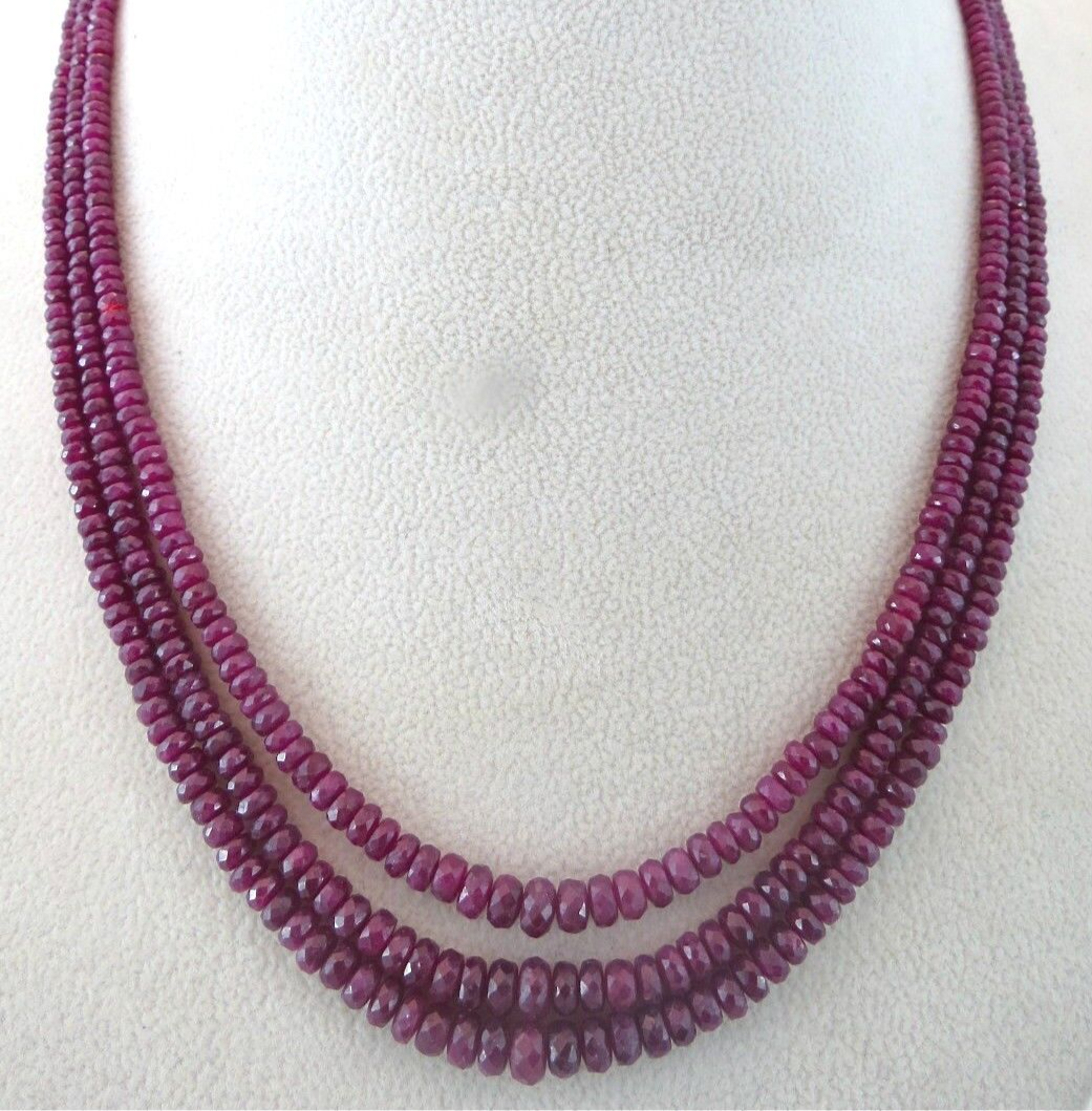 NATURAL RUBY BEADS FACETED ROUND 3 LINE 225 CARATS GEMSTONE LADIES NECKLACE