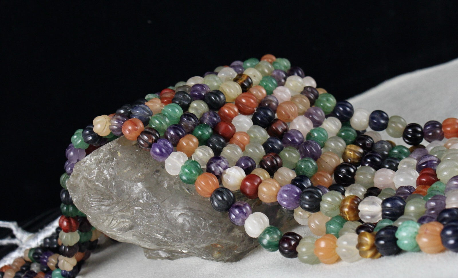 Vintage Multi Natural Semi Precious Carved Melon Beads Necklace 1360 Ct