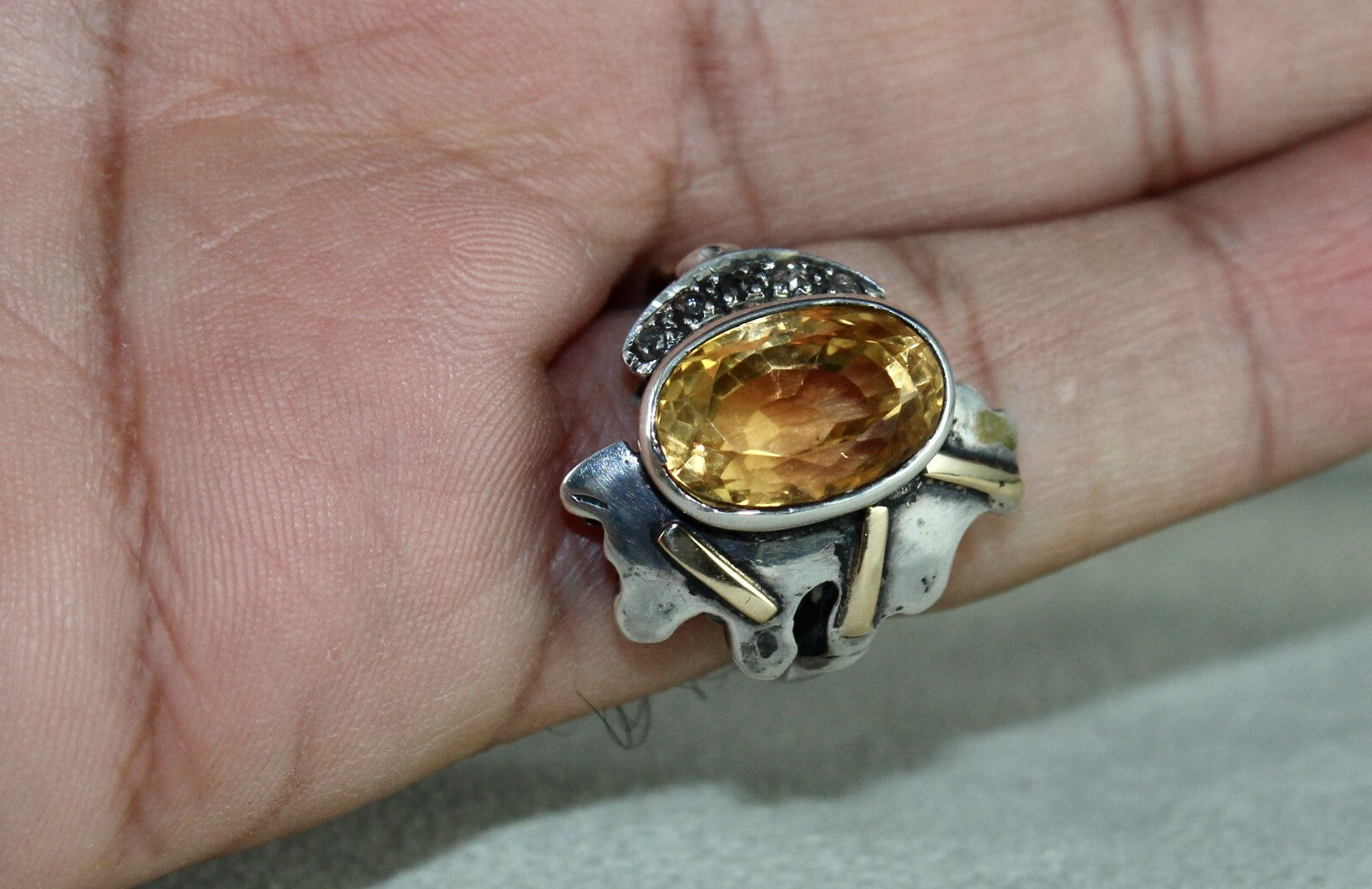 Vintage Natural Yellow Citrine 10ct Natural Diamond 18k Gold Silver Ring