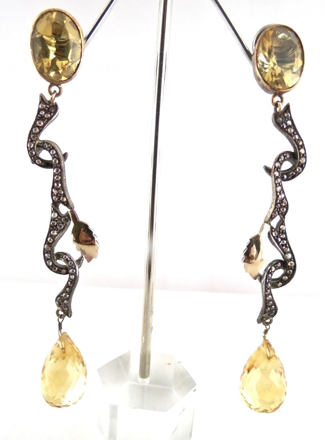 Old Antique Yellow Citrine Diamond 18K Gold 925 Silver Victorian Party Earring