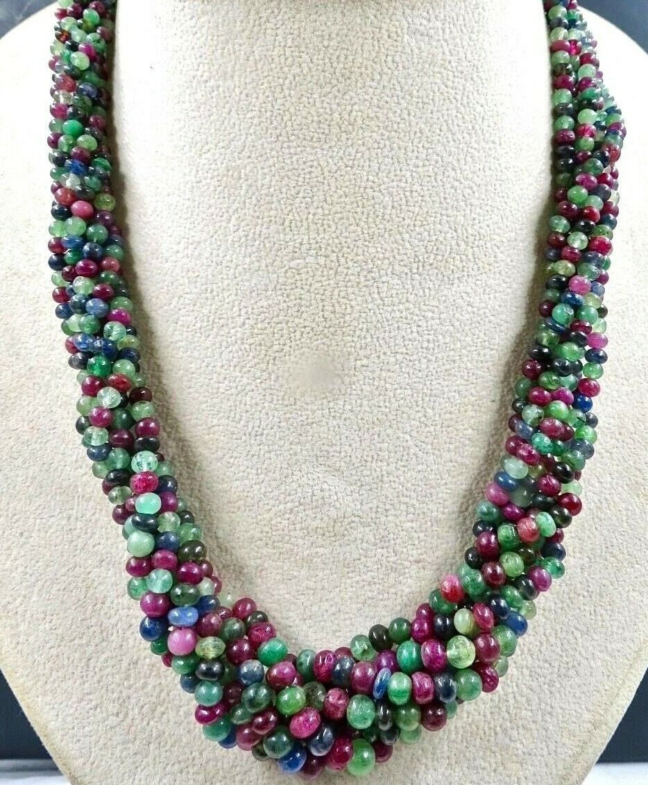 Certified Natural Emerald Ruby Sapphire Beaded Necklace 631 Ct Sterling Silver