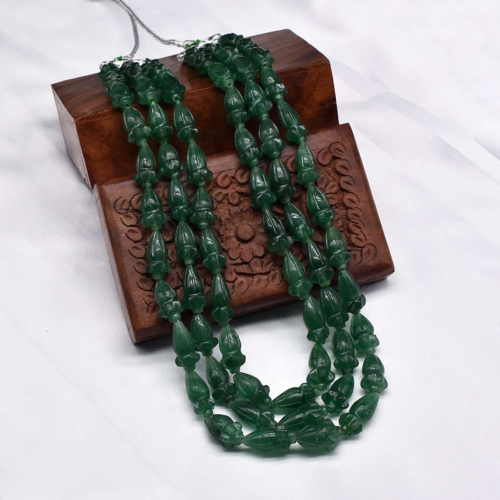 Certified Natural Green Aventurine Quartz 960 Ct Engraved Beaded Necklace 3l