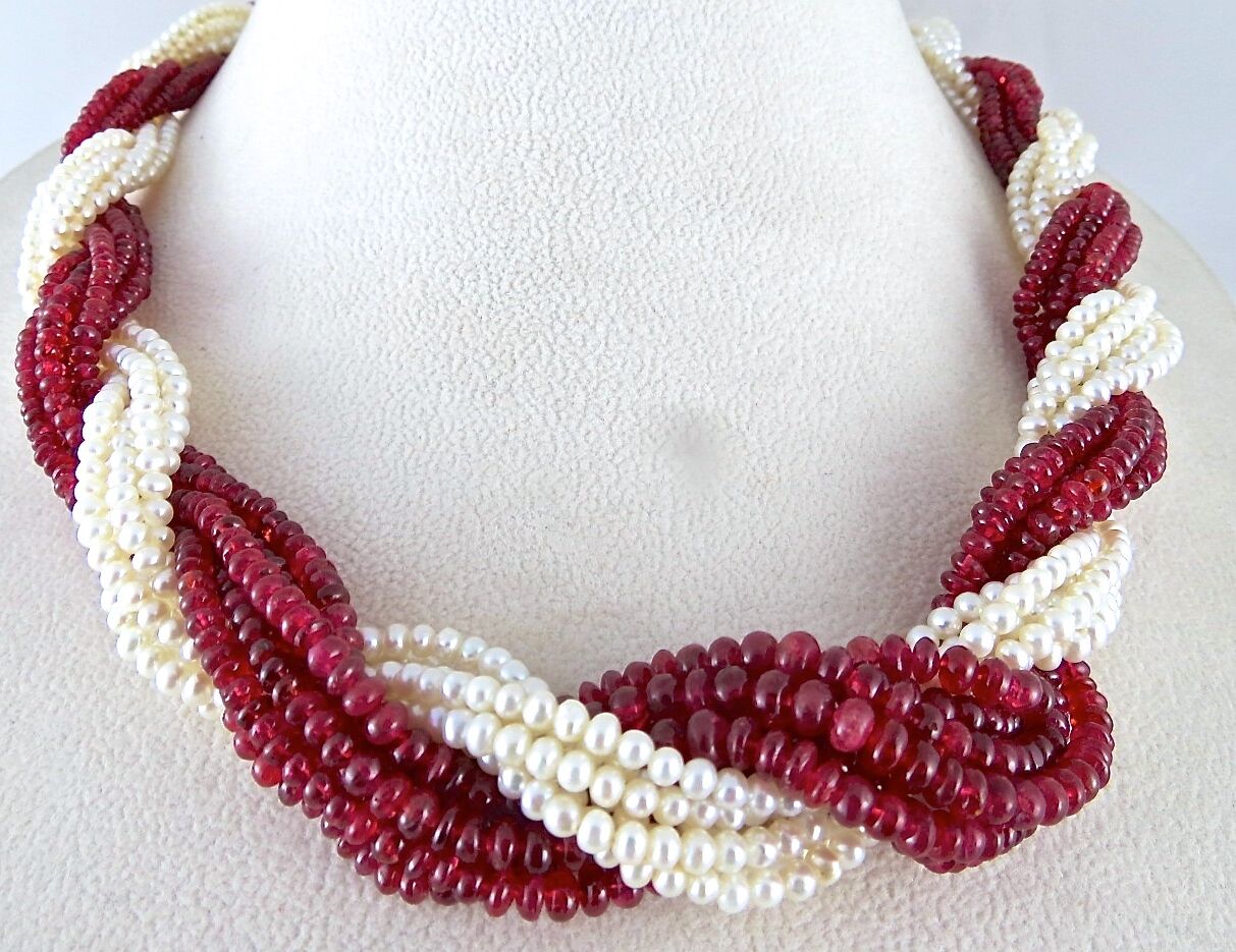 Natural Red Spinel Fresh water Pearl Bead Round 592 Ct Twisted Gemstone Necklace