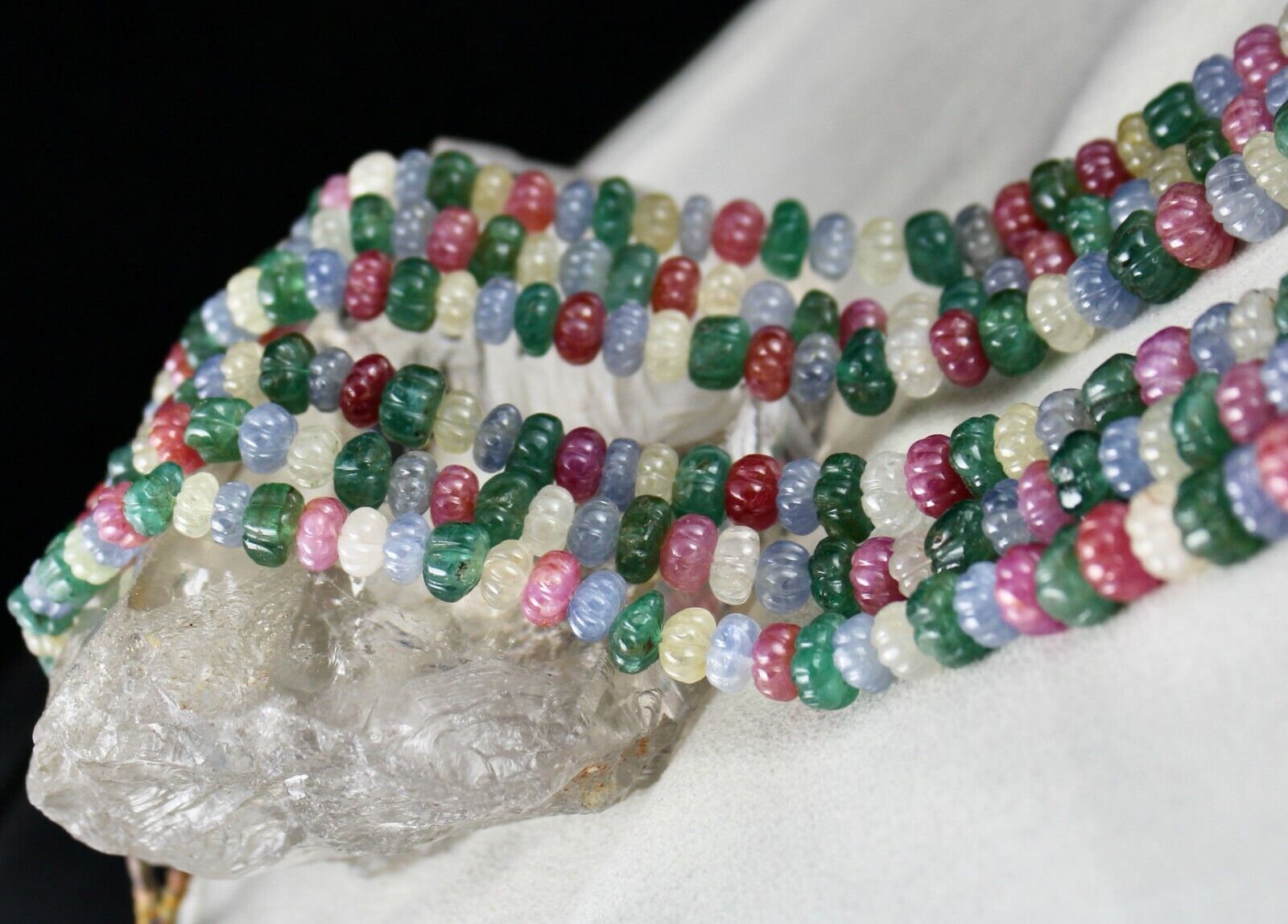 Certified Natural Emerald Ruby Sapphire Beads 1173 Ct Melon Carved Fine Necklace