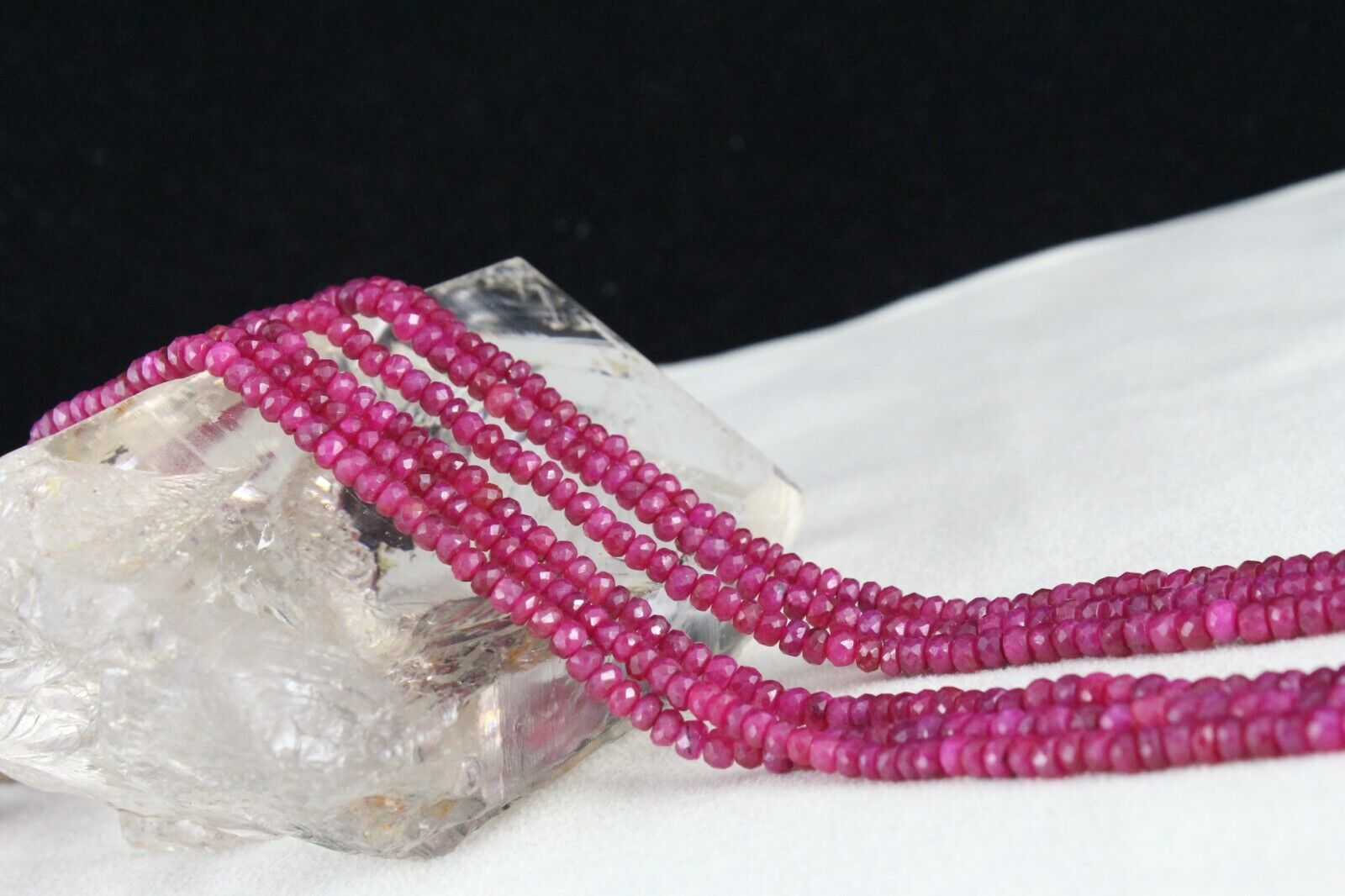 RUBY CORUNDUM BEADS LONG 3 LINE 272 CARATS OLD DYED GEMSTONE NECKLACE