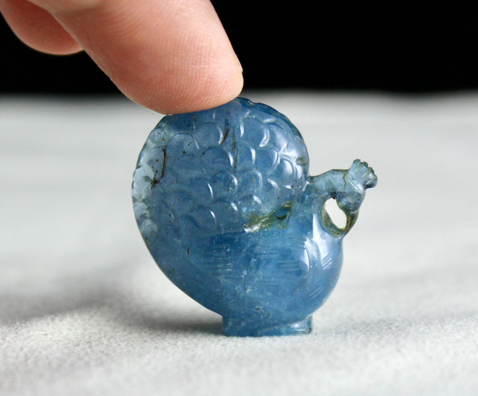 Certified Antique Blue Aquamarine 74.66 Ct Carved Peacock Rare Gem Pendant