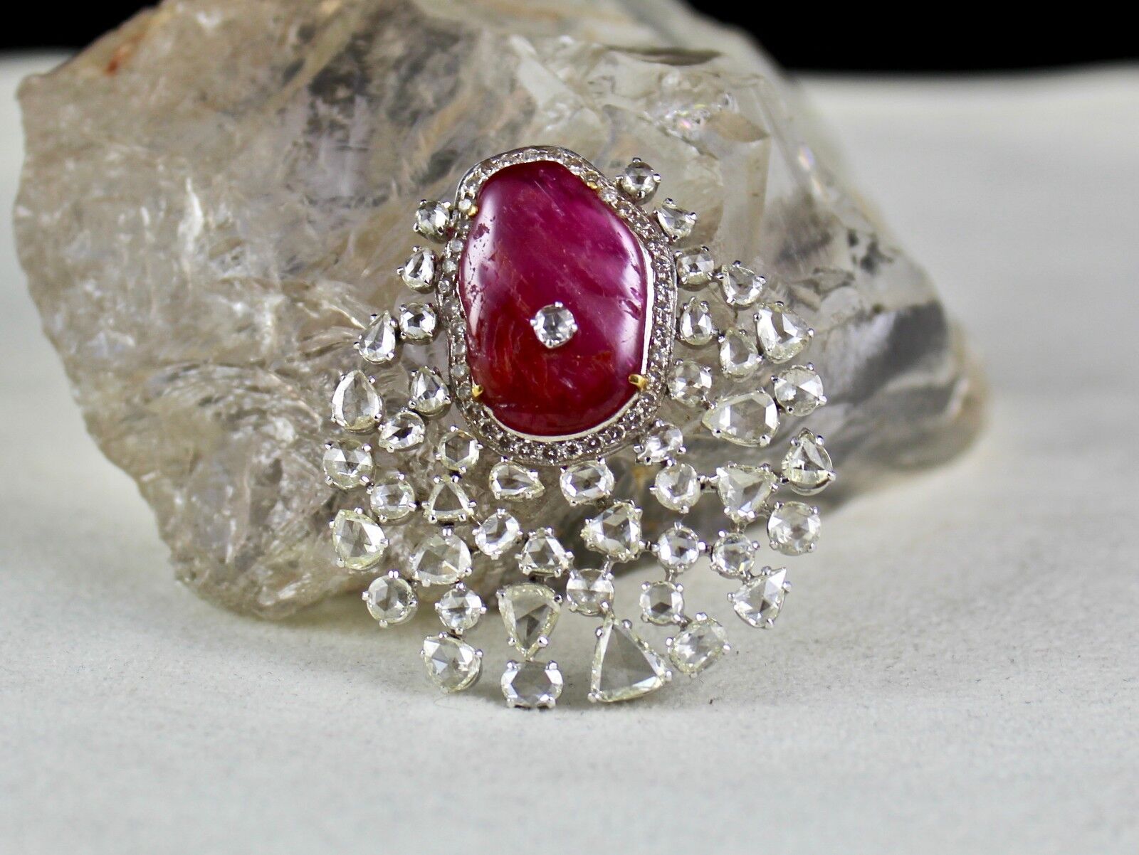 NATURAL NO HEAT BURMA RUBY CABOCHON ROSE CUT DIAMOND 18K GOLD PENDANT BROOCH