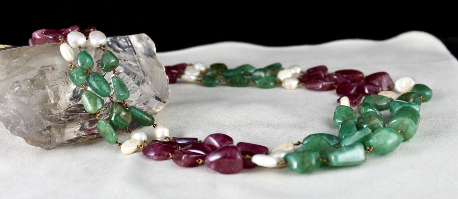 NATURAL EMERALD PINK TOURMALINE BEADS 940 CARATS PEARL 18K GOLD LADIES NECKLACE