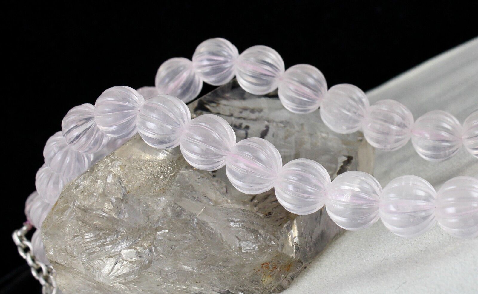 Rose Quartz Beaded Carved Necklace 1 L 750 Carats Natural Gemstone Silver clasp