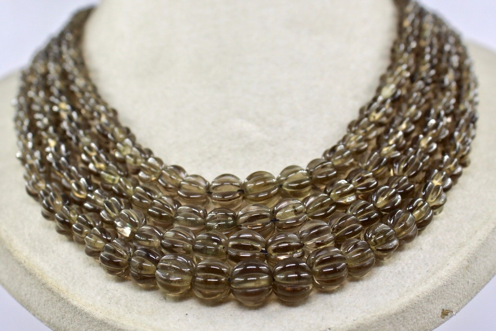 Natural Smoky Quartz Beads Carved Melon 4 L 762 Carats Antique Gemstone Necklace