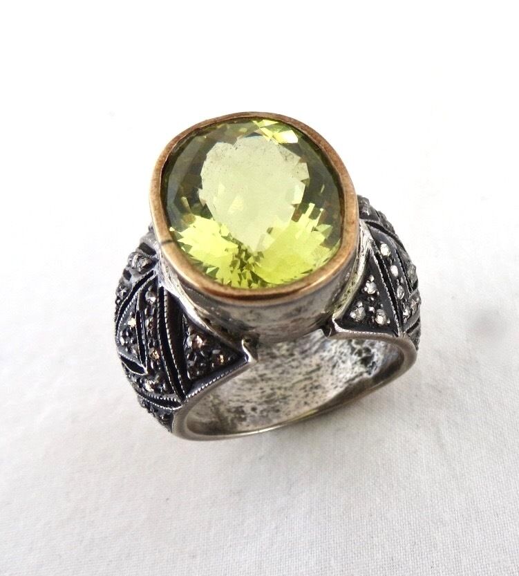 NATURAL LEMON QUARTZ OVAL GEMSTONE DIAMOND 18 K GOLD & 925 SILVER LADIES RING