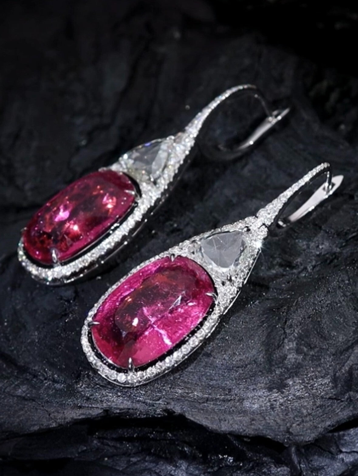 Certified Natural Rubellite Pink Tourmaline 63.9ct Diamond 18k Gold Earrings