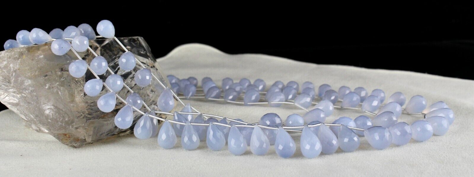 NATURAL BLUE CHALCEDONY BEADS TEARDROPS 3 LINE 814 CARATS GEMSTONE FINE NECKLACE