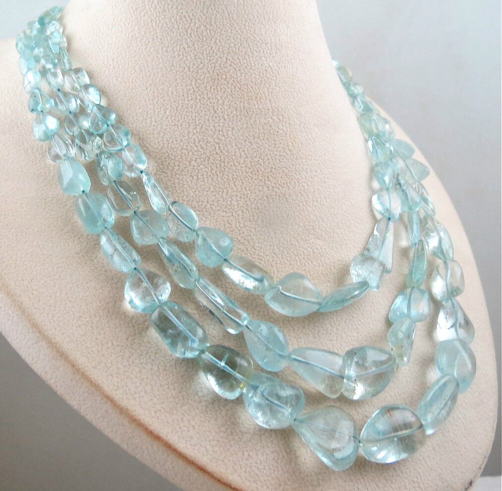 NATURAL BLUE TOPAZ BEADS TUMBLE 3 LINE 860 CARATS GEMSTONE BEADED FINE NECKLACE