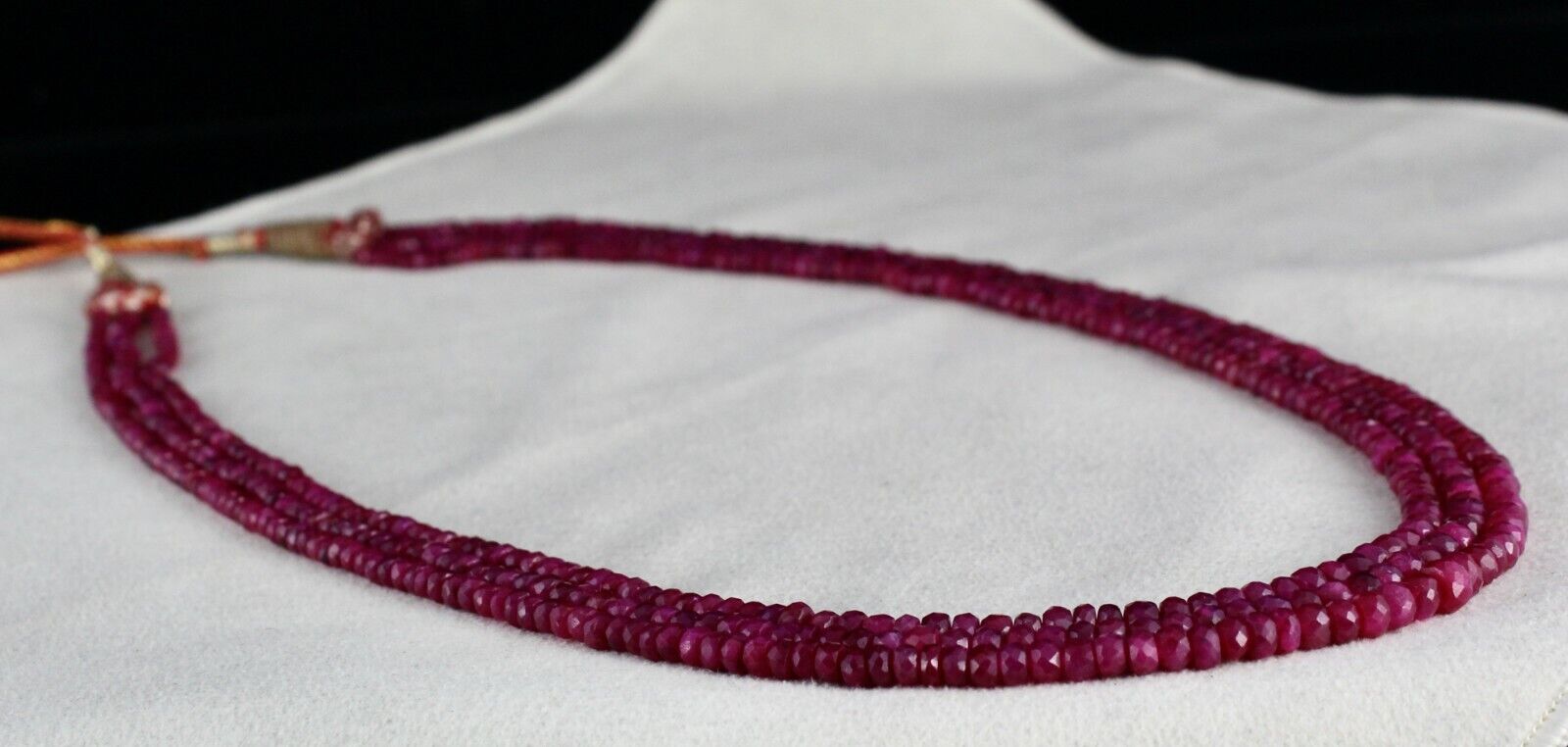 RUBY CORUNDUM BEADS LONG 3 LINE 272 CARATS OLD DYED GEMSTONE NECKLACE