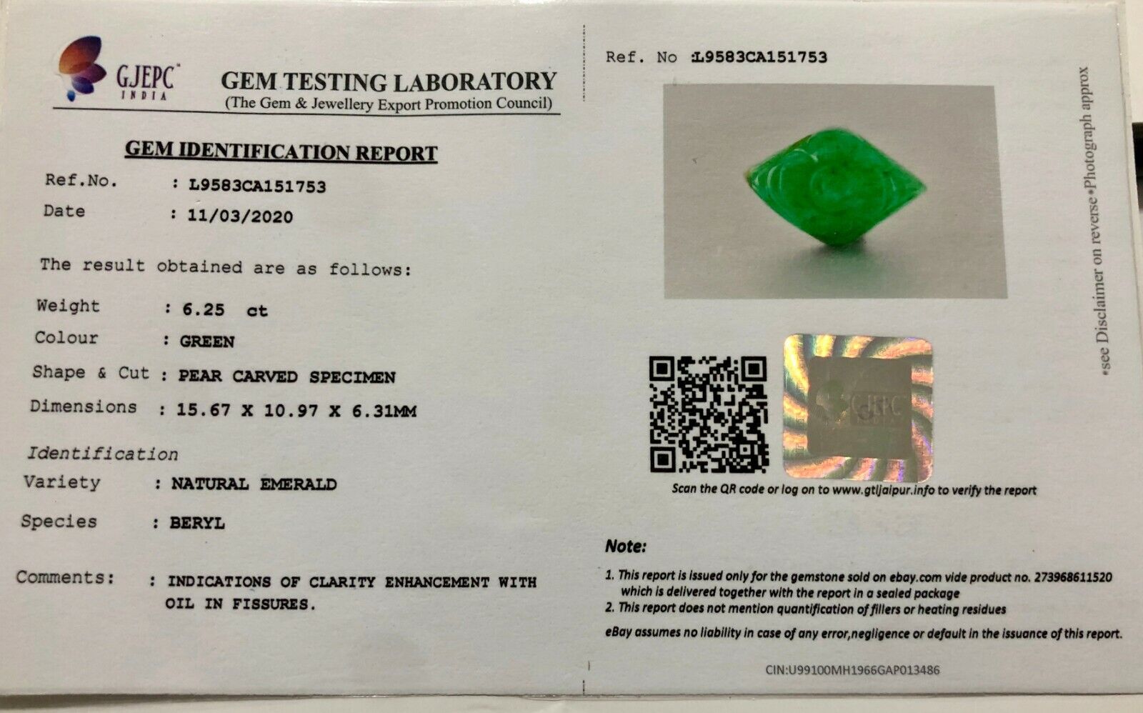 GTL CERTIFIED NATURAL ZAMBIAN EMERALD CARVED 6.25 CTS GEMSTONE FOR PENDANT RING