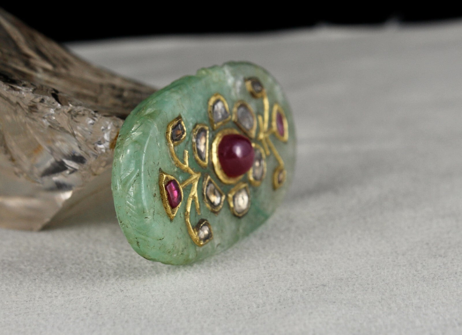 Certified Mughal Carved Emerald Quartz 10ct Ruby Natural Diamond 22k Gold