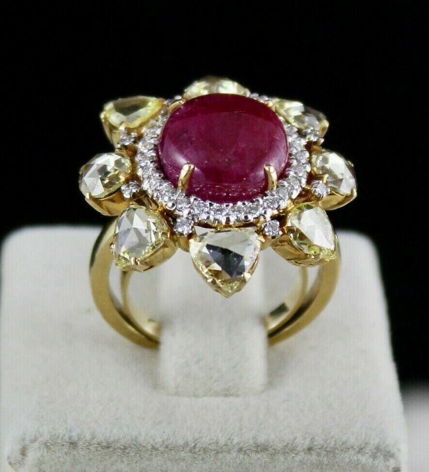 NATURAL UNHEATED BURMA RUBY CABOCHON YELLOW ROSE CUT DIAMOND 18K GOLD FINE RING