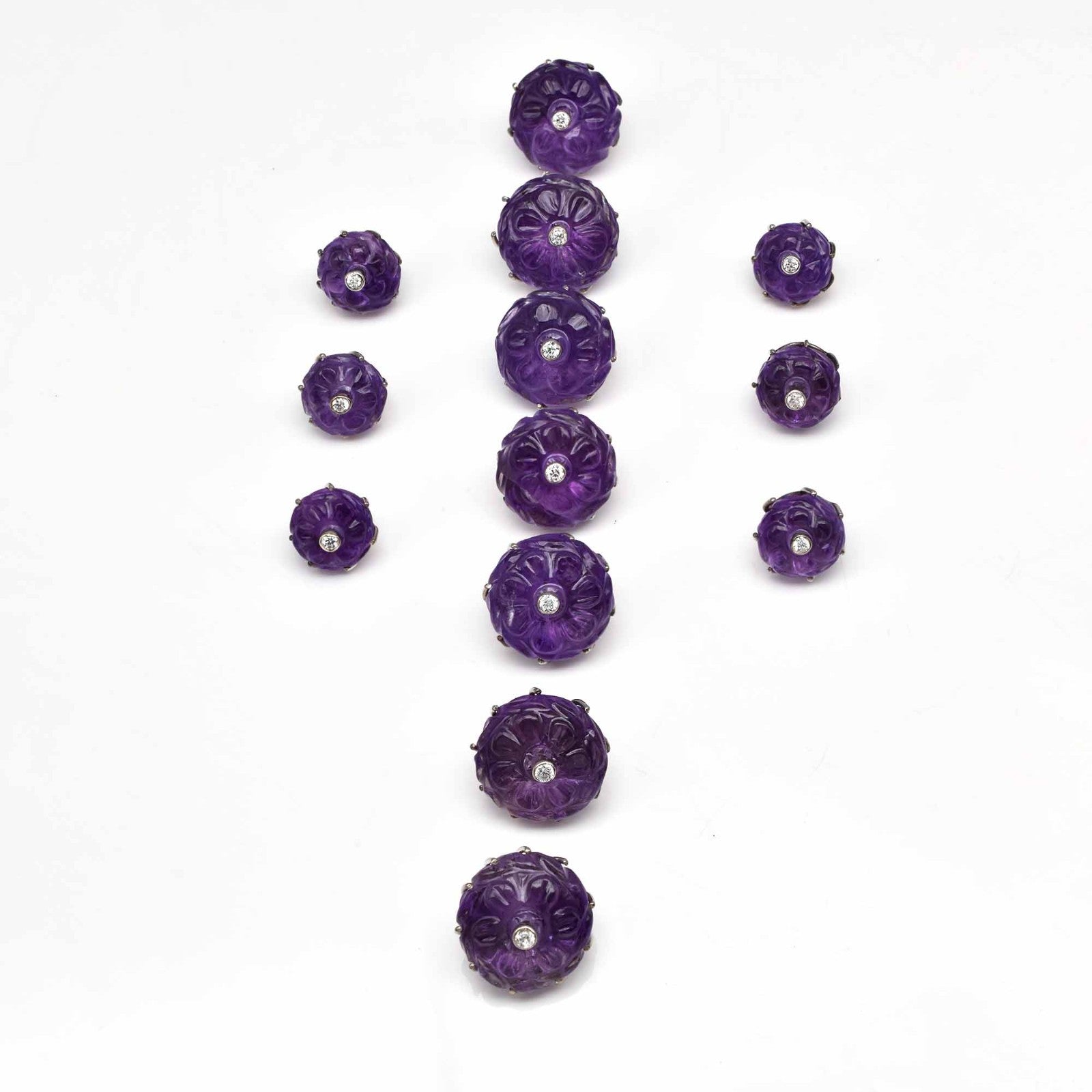 Natural Amethyst Engraved Moissanite 13Pc Silver Men Accessories Sherwani Button