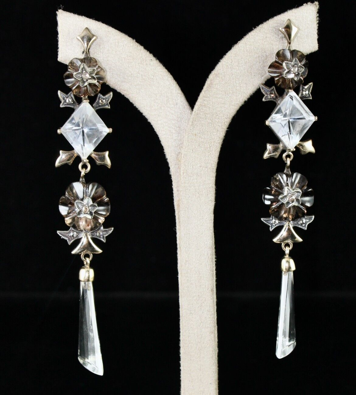 NATURAL SMOKY CRYSTAL QUARTZ CUT STONE DIAMOND 18K GOLD VICTORIAN SILVER EARRING