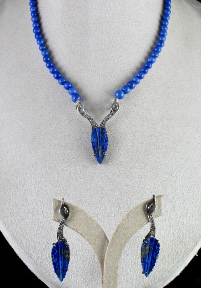 NATURAL LAPIS LAZULI LEAF DIAMOND SILVER 18K GOLD VICTORIAN PENDANT EARRING SET
