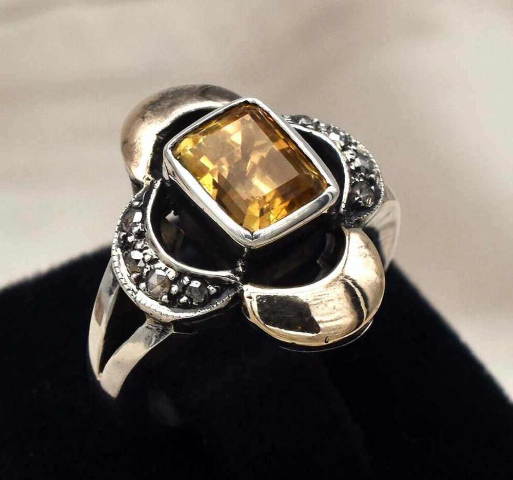 Antique Yellow Citrine 47ct Natural Diamond 18k Gold 925 Sterling Silver Ring