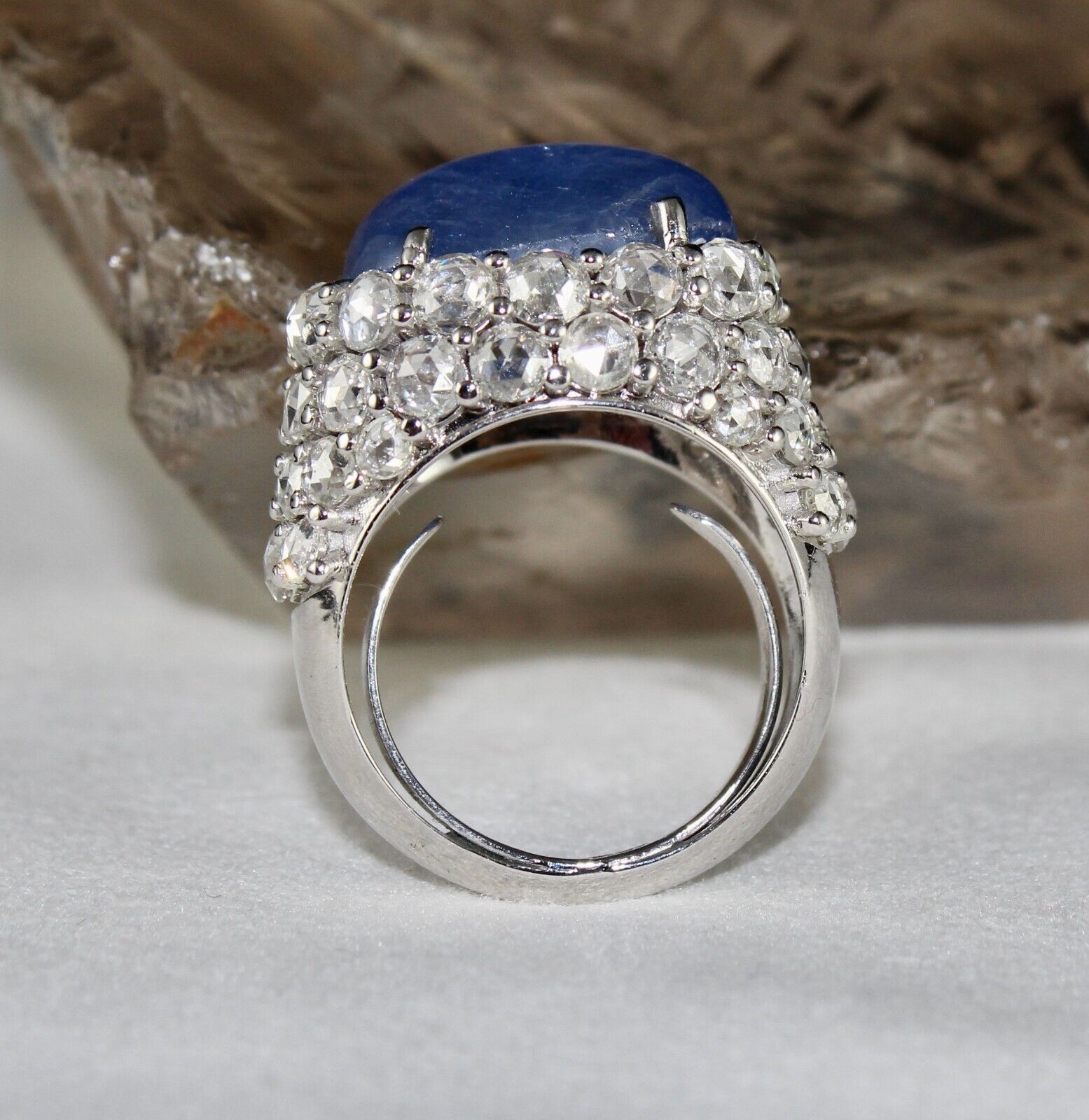 Natural Blue Sapphire Cabochon Rose Cut Diamond Studded 18k Gold Cocktail Ring