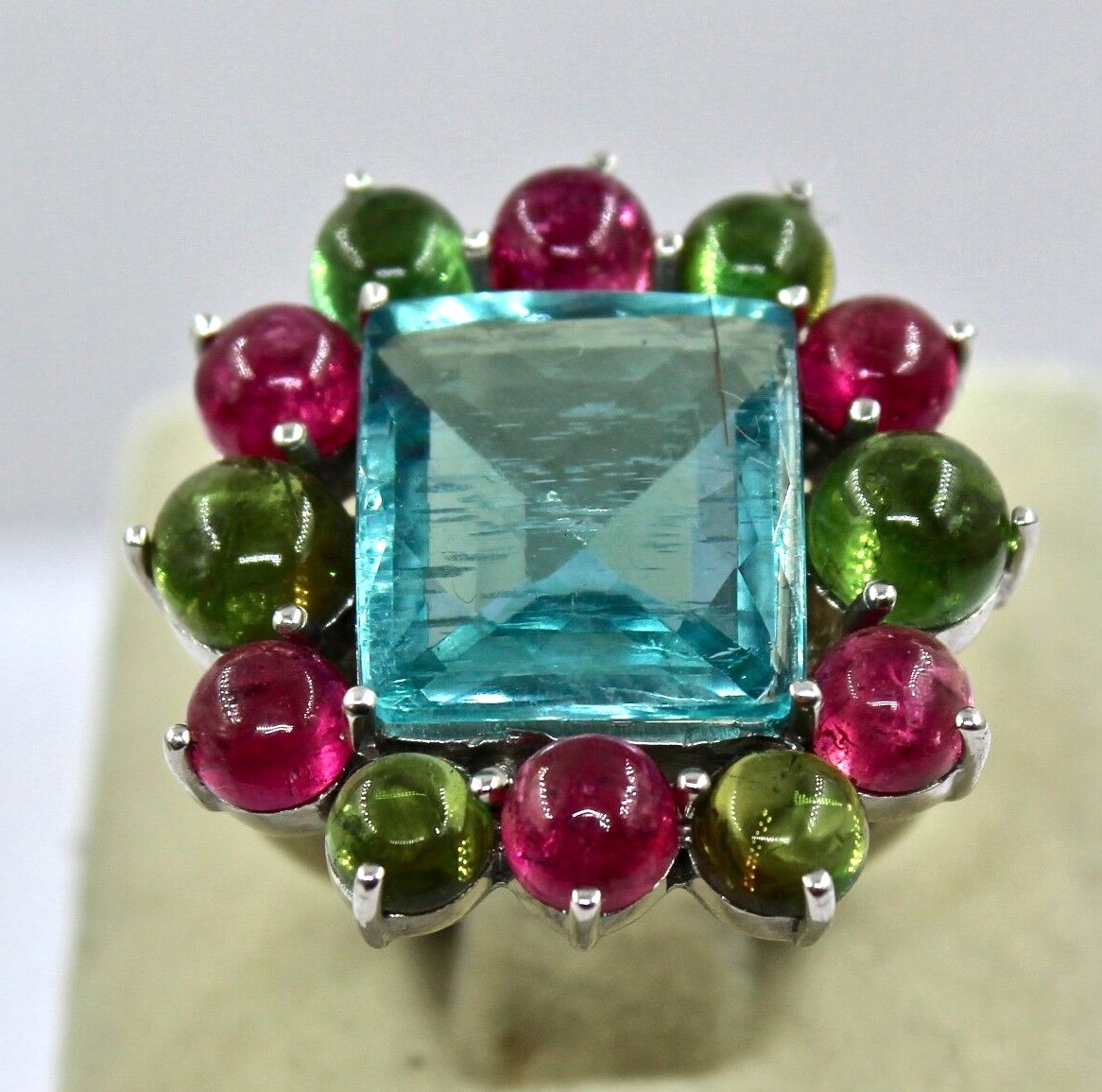 Certified Natural Blue Aquamarine 48ct Square Tourmaline Sterling Silver Ring