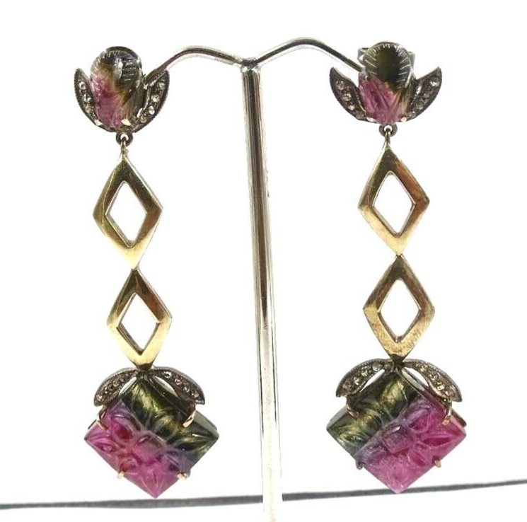 NATURAL MULTI TOURMALINE GEMSTONE DIAMOND 18K GOLD 925 SILVER VICTORIAN EARRING