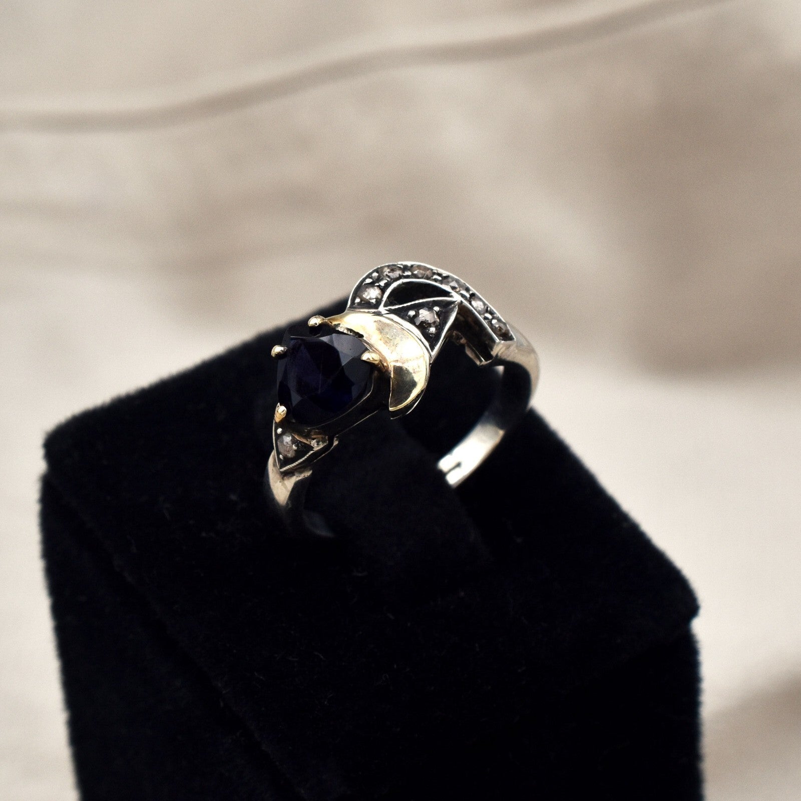 Vintage Blue Iolite 10ct Heart Cut 18k Gold Sterling Silver Victorian Ring