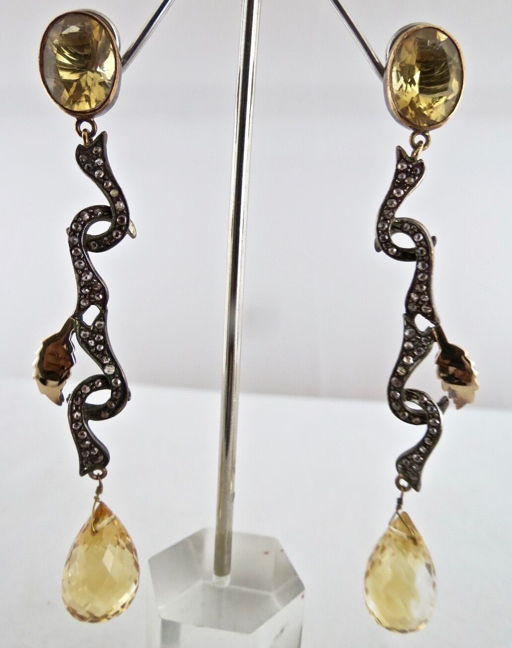 Old Antique Yellow Citrine Diamond 18K Gold 925 Silver Victorian Party Earring