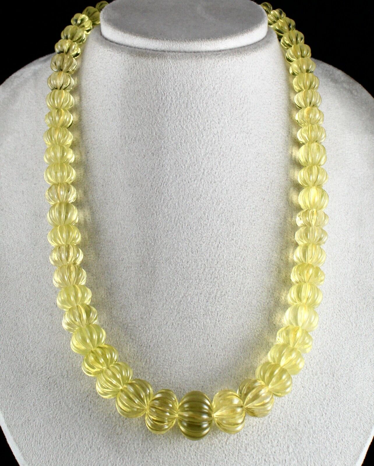 NATURAL LEMON QUARTZ BEADS MELON CARVED 820 CTS SEMI PRECIOUS GEMSTONE NECKLACE