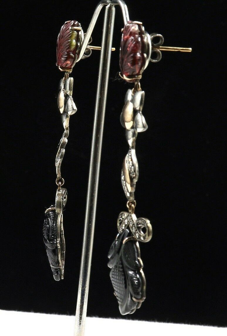 Natural Multi Tourmaline Carved Diamond 18K Gold Silver Victorian Fine Earring
