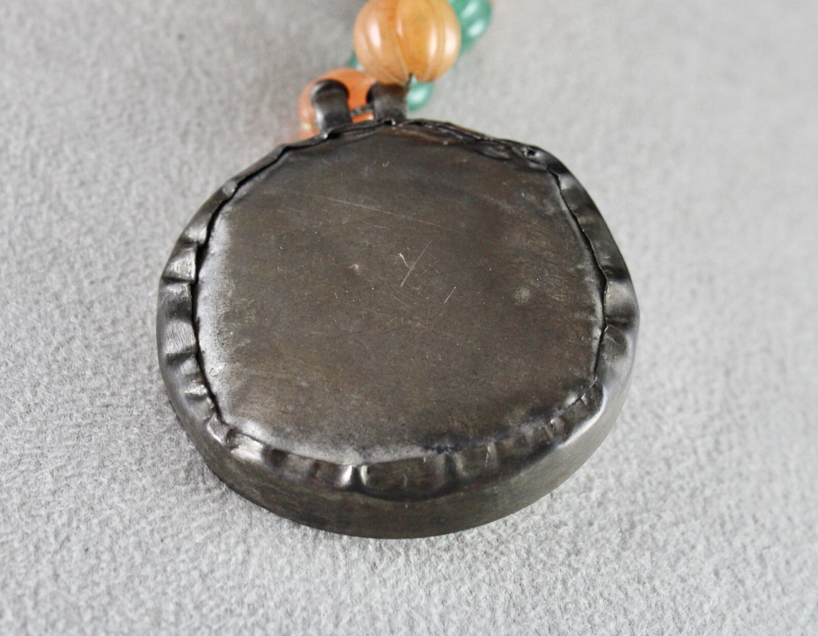 Sterling Silver Old Budha Painting Pendant Green Orange Quartz 410ct Necklace