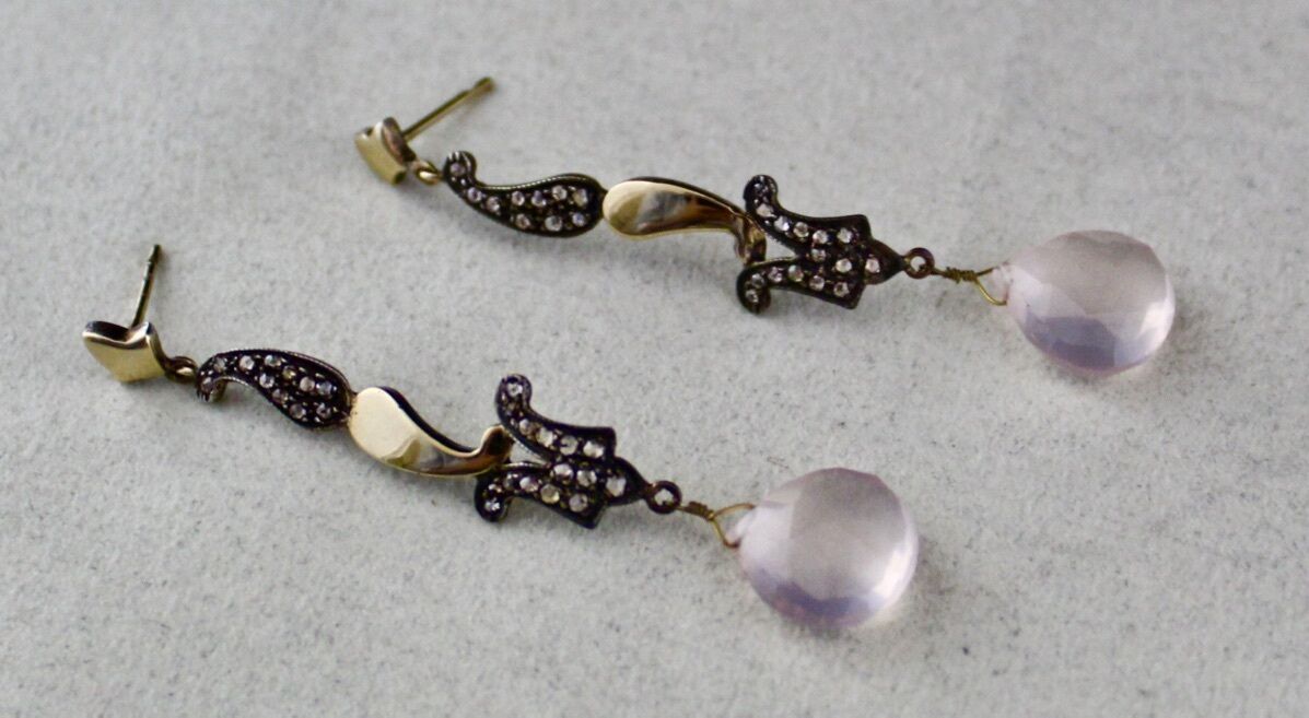 NATURAL ROSE QUARTZ TEAR DROPS DIAMOND 18K GOLD 925 SILVER VICTORIAN EARRING