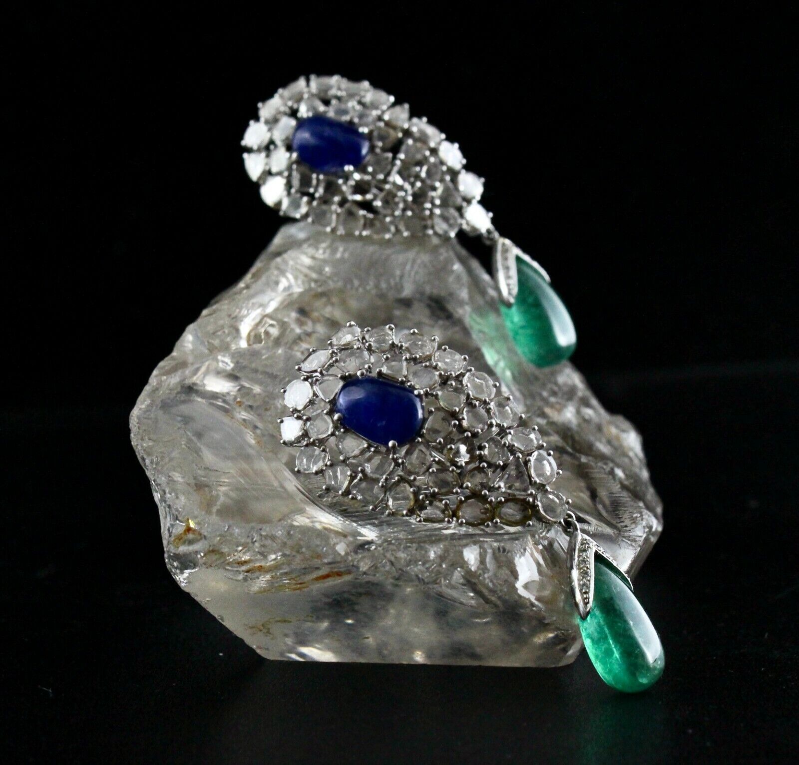 Natural Blue Sapphire Emerald Cabochon Diamond 18K Gold Classic dangle Earring