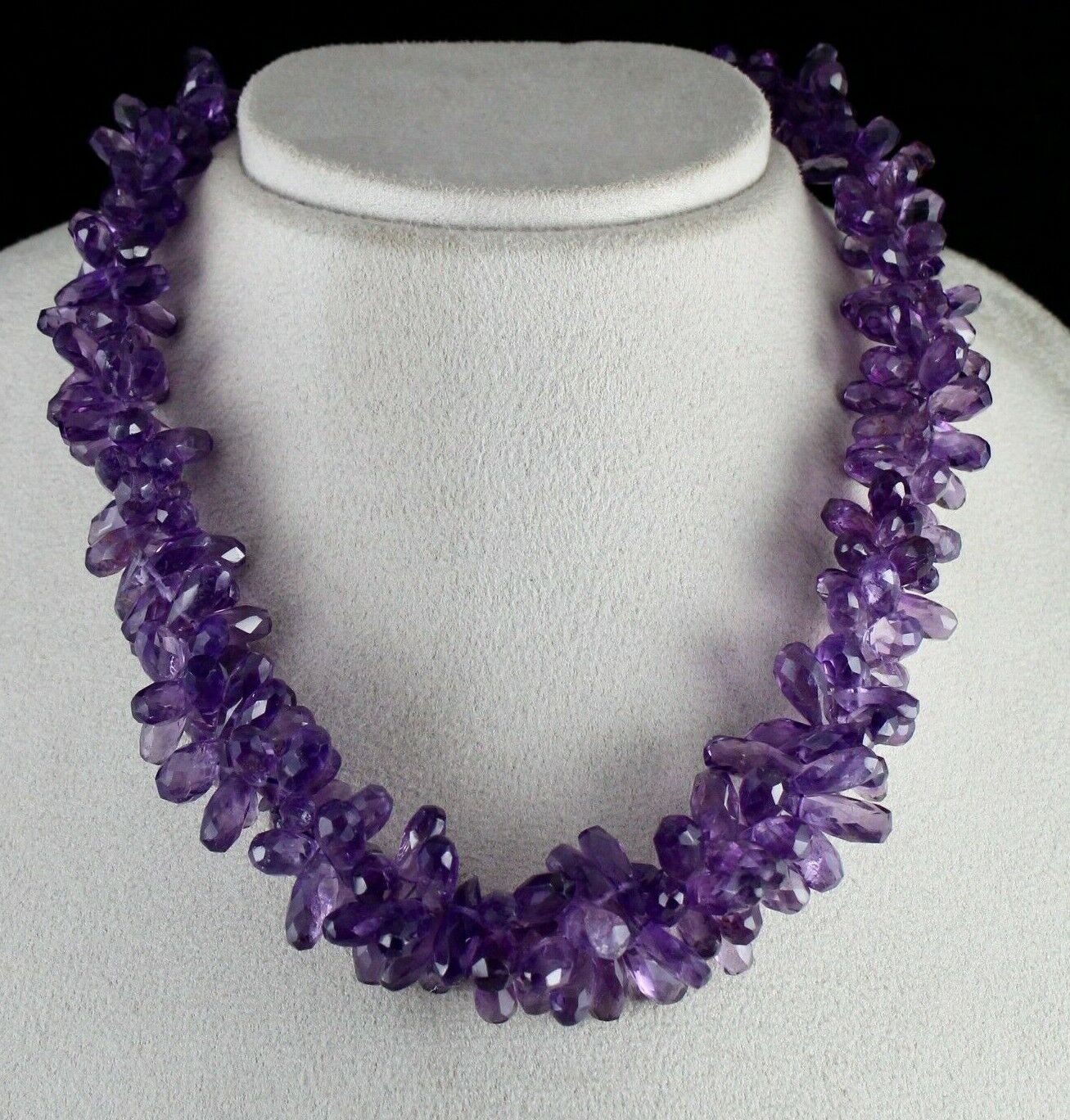 NATURAL AMETHYST TEAR DROPS BEADS 2 LINE 718 CARATS GEMSTONE SILVER NECKLACE