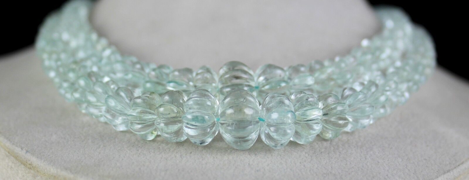 NATURAL AQUAMARINE BEADS CARVED 2 LINE 545 CARATS LADIES GEMSTONE MELON NECKLACE