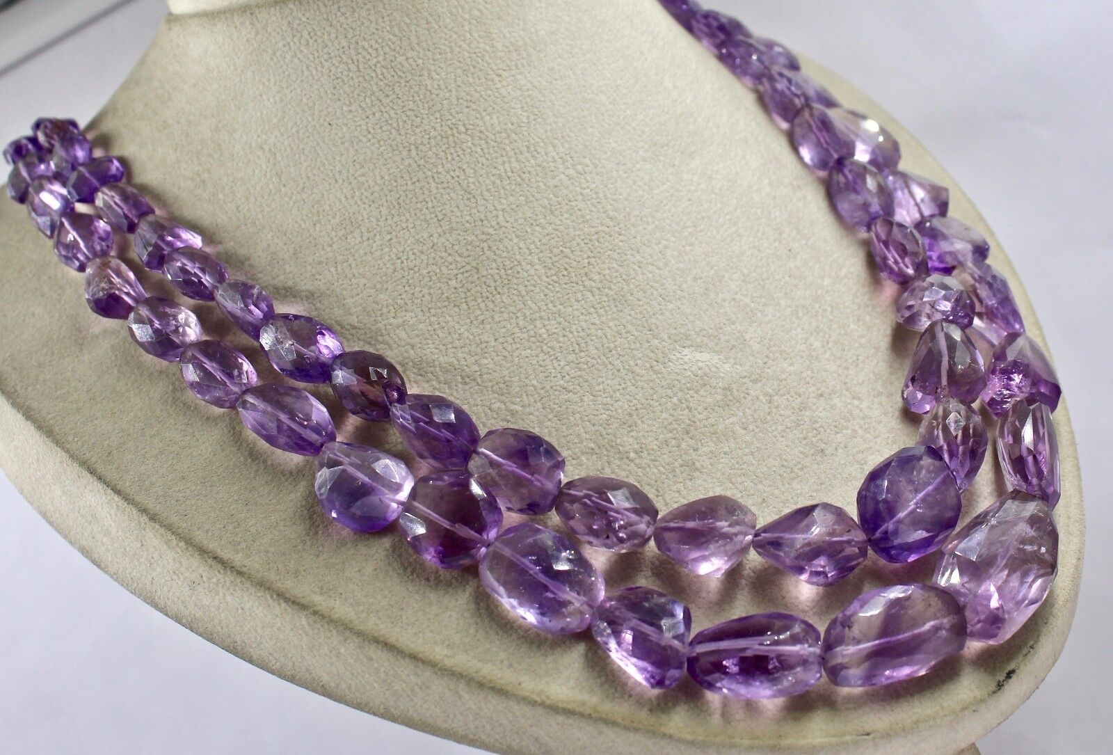 NATURAL AMETHYST BEADS FACETED TUMBLE 2 LINE 970 CTS GEMSTONE LADIES NECKLACE