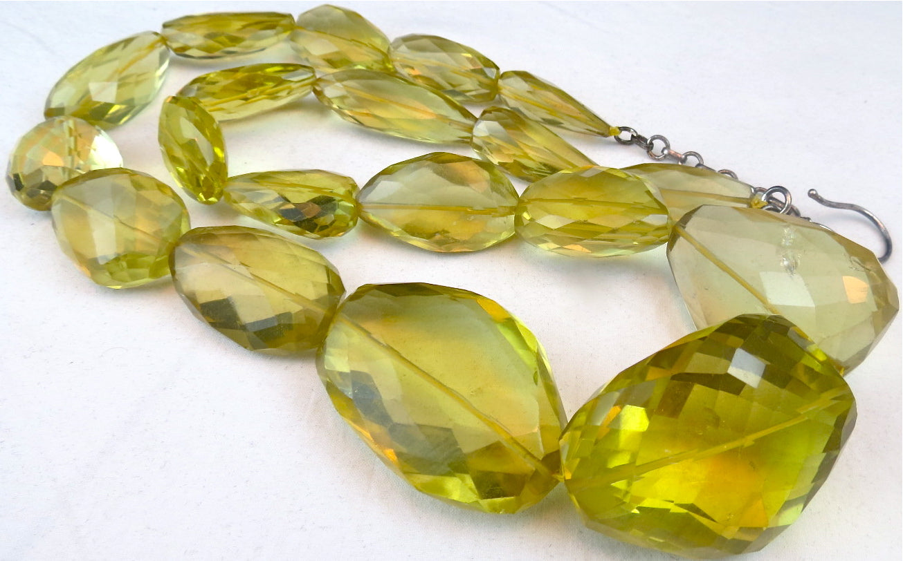 Natural Lemon Quartz Necklace 1242ct Faceted Beads In Sterling Silver Hook