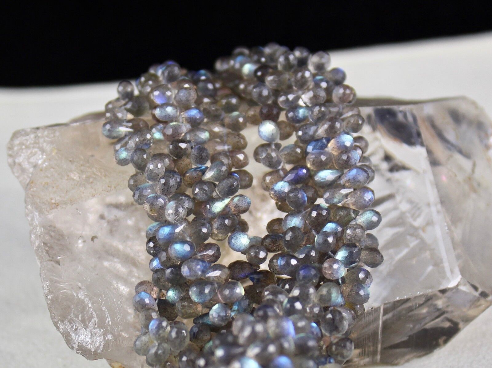 NATURAL LABRADORITE BEADS TEARDROPS 4 LINE 561 CARATS GEMSTONE SILVER NECKLACE