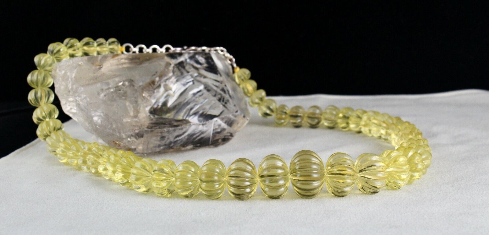 NATURAL LEMON QUARTZ BEADS MELON CARVED 820 CTS SEMI PRECIOUS GEMSTONE NECKLACE