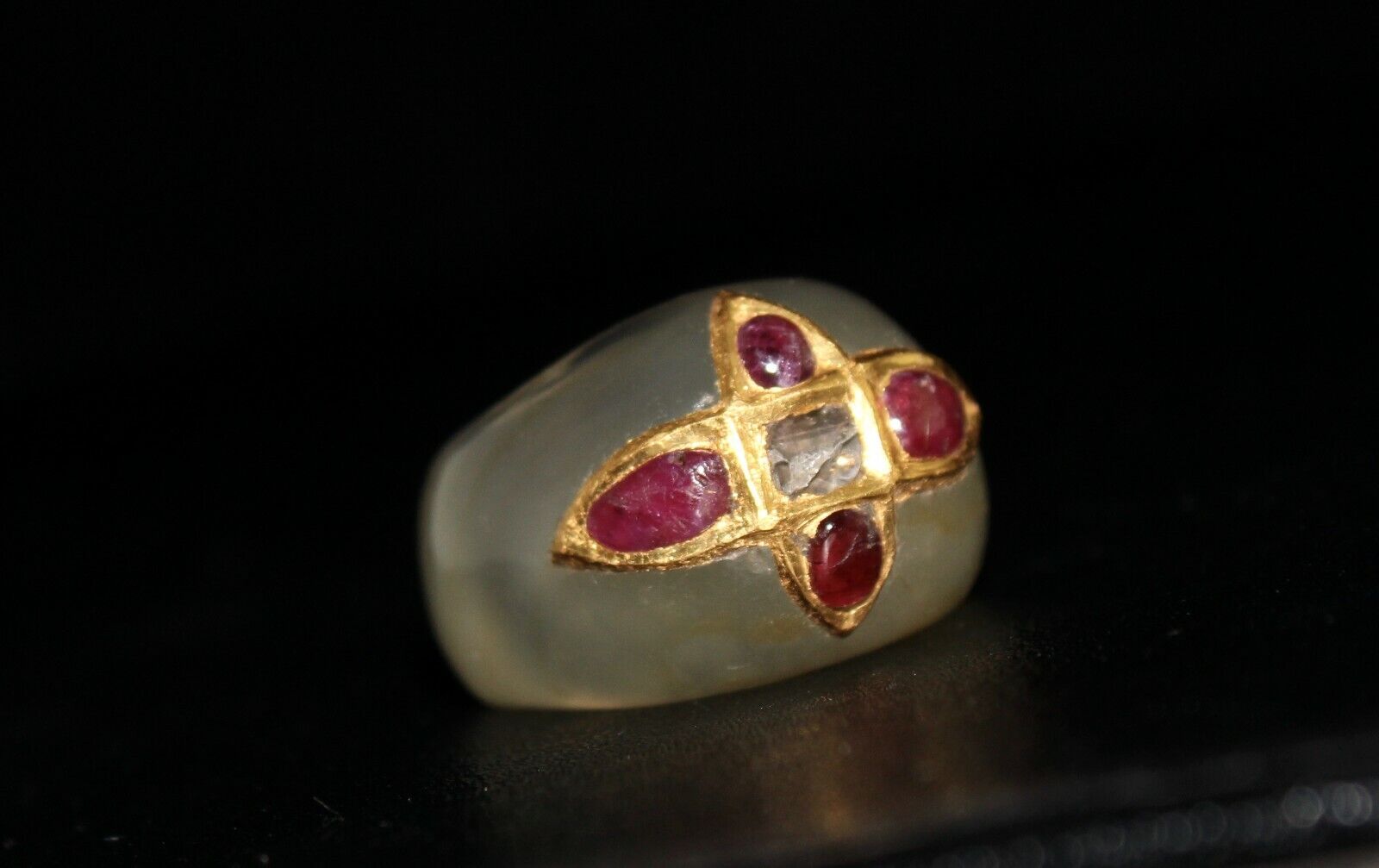 ANTIQUE YELLOW CHALCEDONY GEMSTONE RUBY DIAMOND 22K GOLD CLASSIC STONE RING