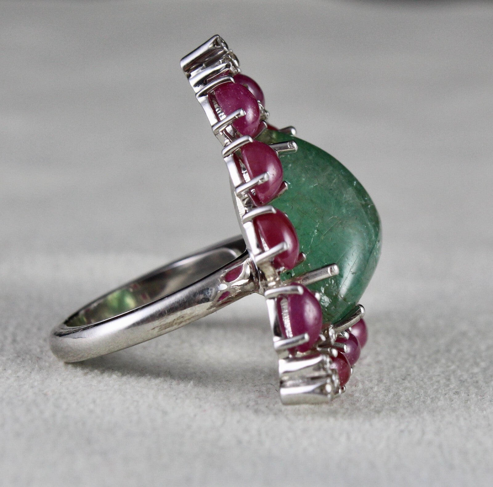 Antique Emerald 10ct Ruby Cabochon Natural Diamond Sterling Silver Ring