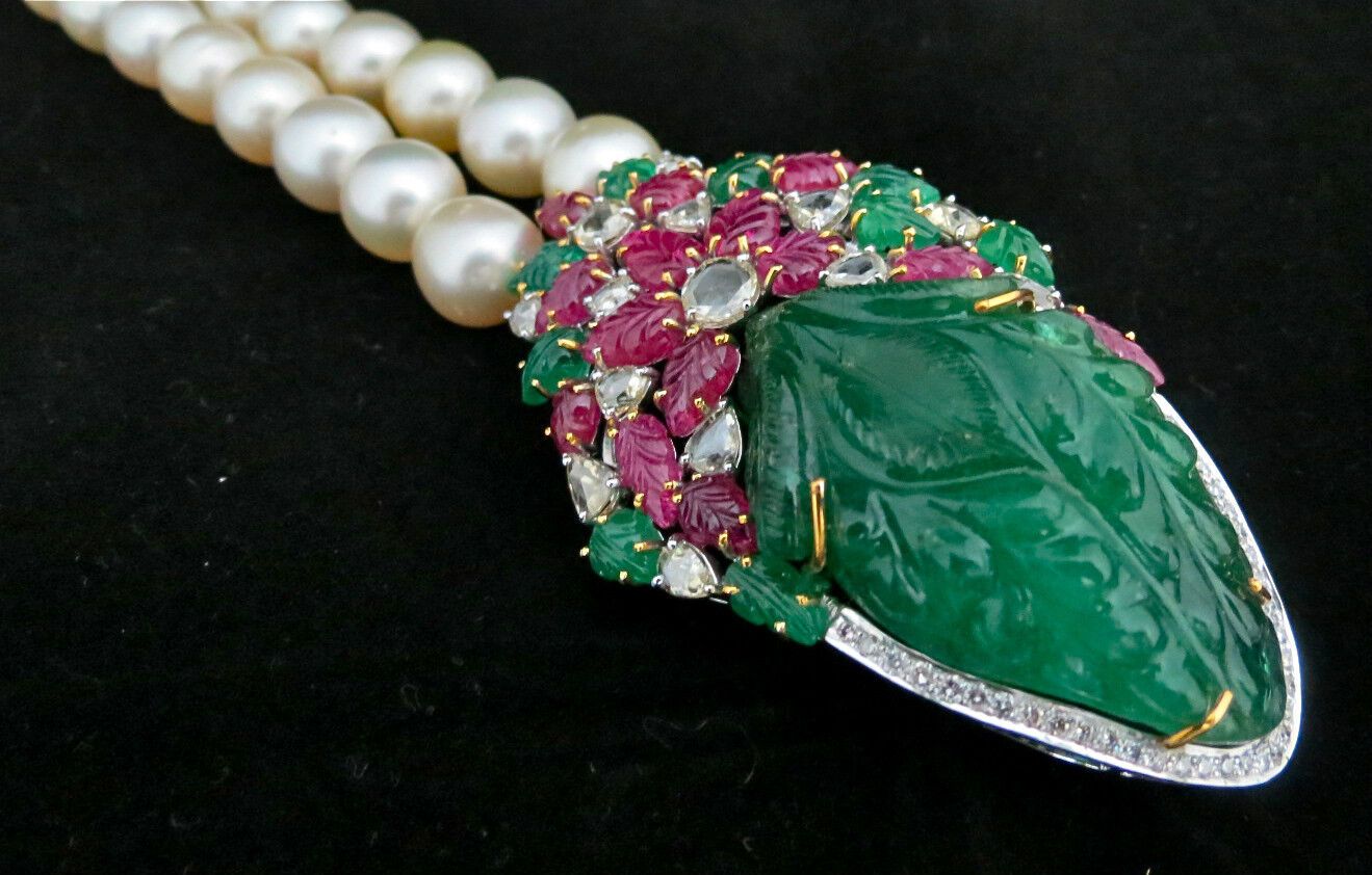IMPORTANT VINTAGE OLD EMERALD CARVED RUBY DIAMOND PEARL 18KGOLD PENDANT NECKLACE