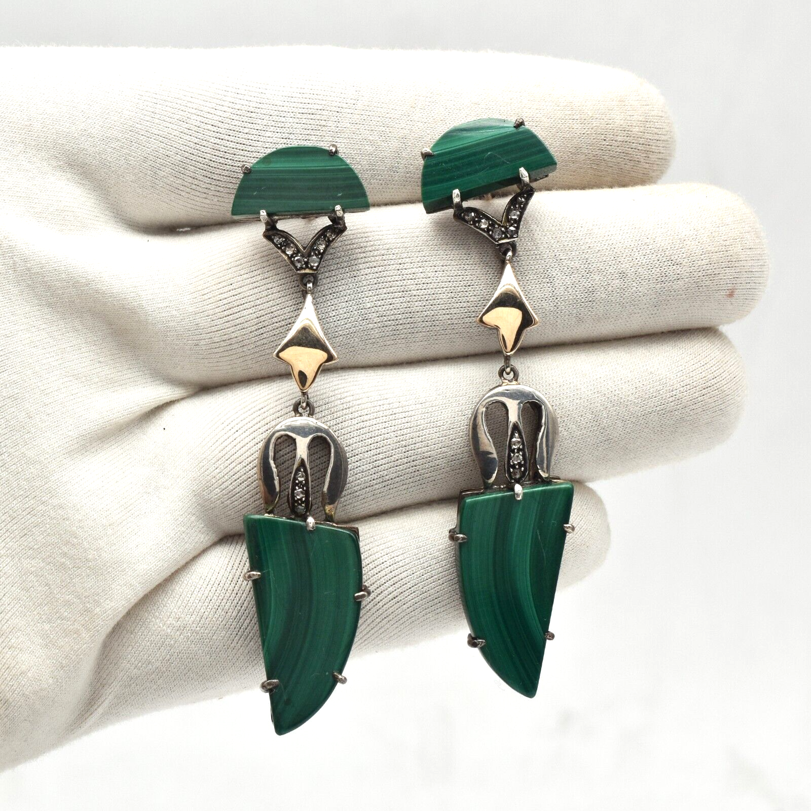 Vintage Natural Green Malachite Diamond Silver 18K Gold Victorian Dangle Earring