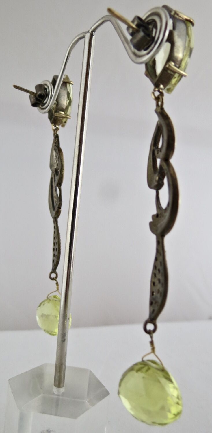 NATURAL LEMON QUARTZ TEAR DROPS DIAMOND 18K GOLD 925 SILVER VICTORIAN EARRING